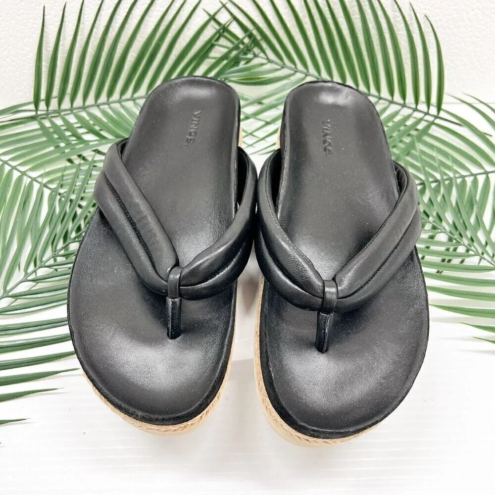 Vince Black Leather Open Round Toe Espadrille Platform Sandals Size 9.5M NWOB
